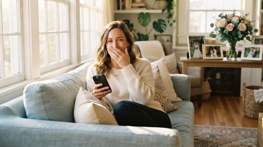 A woman experiencing the joy of receiving her custom song
